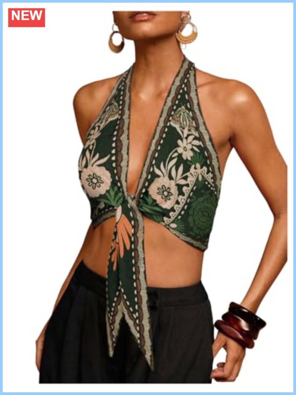 Women's Floral Halter Tie Front Backless Crop Tank Top Vacation